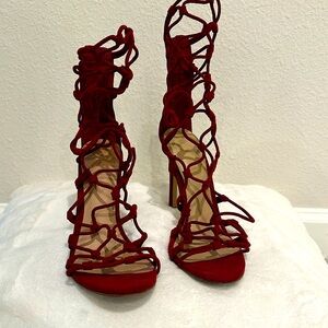 Burgundy heels with zip up strap